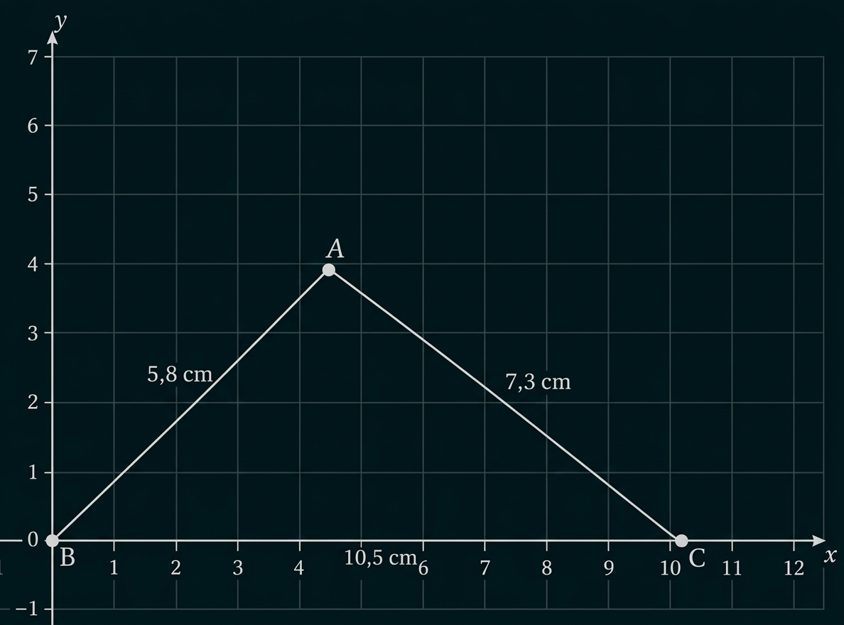 Koordinatensystem mit dem Dreieck ABC und den Seitenlängen 5,8 cm, 7,3 cm und 10,5 cm.
